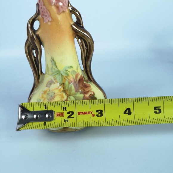 Vintage Miniature Amphora Bud Vase Yellow Pink Brown Floral Teal Inside Boho - Picture 15 of 15